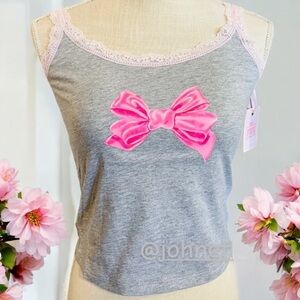 🎀VS PINK x LoveShackFancy Cotton Cami Grey Pink Bow Lace Trim Girly Feminine